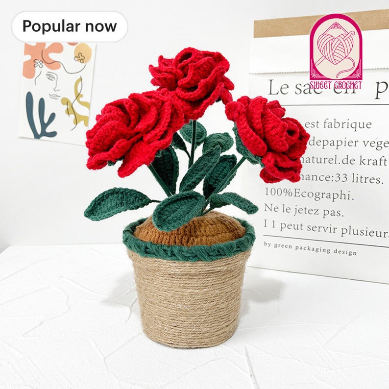 Crochet Rose Flowers in the Pot Perfect Home Decor Rose Gift Crochet Bouquet Great Grandma Gift 80th Birthday Gift image 1