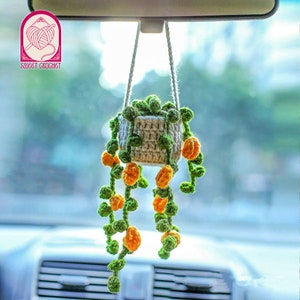 Plante succulente suspendue au crochet fait main Fleur suspendue pour voiture Plante succulente tricotée en pot Décoration murale Accessoires de voiture pour femmes Orange