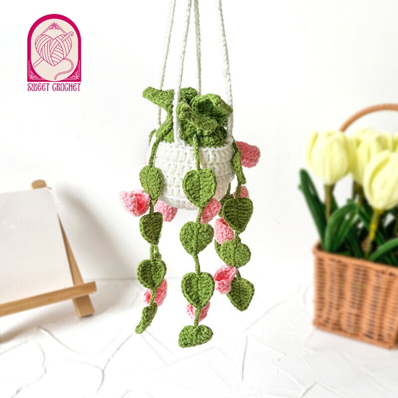 Handmade Crochet Hanging Succulent Plant Car Hanging Flower Knitted Succulent in Pot Wall Hanging Decor Car Accessories for Women image 5