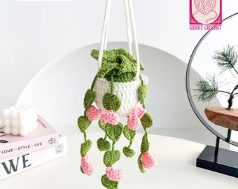 Plante succulente suspendue au crochet fait main | Fleur suspendue pour voiture | Plante succulente tricotée en pot | Décoration murale | Accessoires de voiture pour femmes