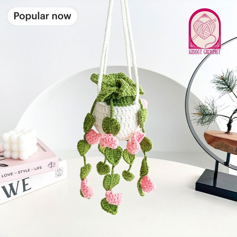 Planta suculenta colgante de ganchillo hecha a mano / Flor colgante de coche / Suculenta de punto en maceta / Decoración colgante de pared / Accesorios de coche para mujeres imagen 1