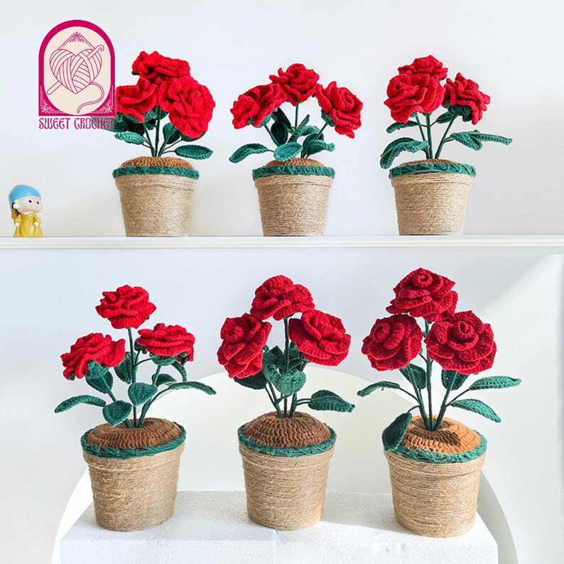 Crochet Rose Flowers in the Pot Perfect Home Decor Rose Gift Crochet Bouquet Great Grandma Gift 80th Birthday Gift image 2