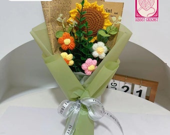 Ramo de ganchillo de girasol hecho a mano / Flor de punto / Decoración floral del hogar / Regalo de aniversario / Regalo de boda