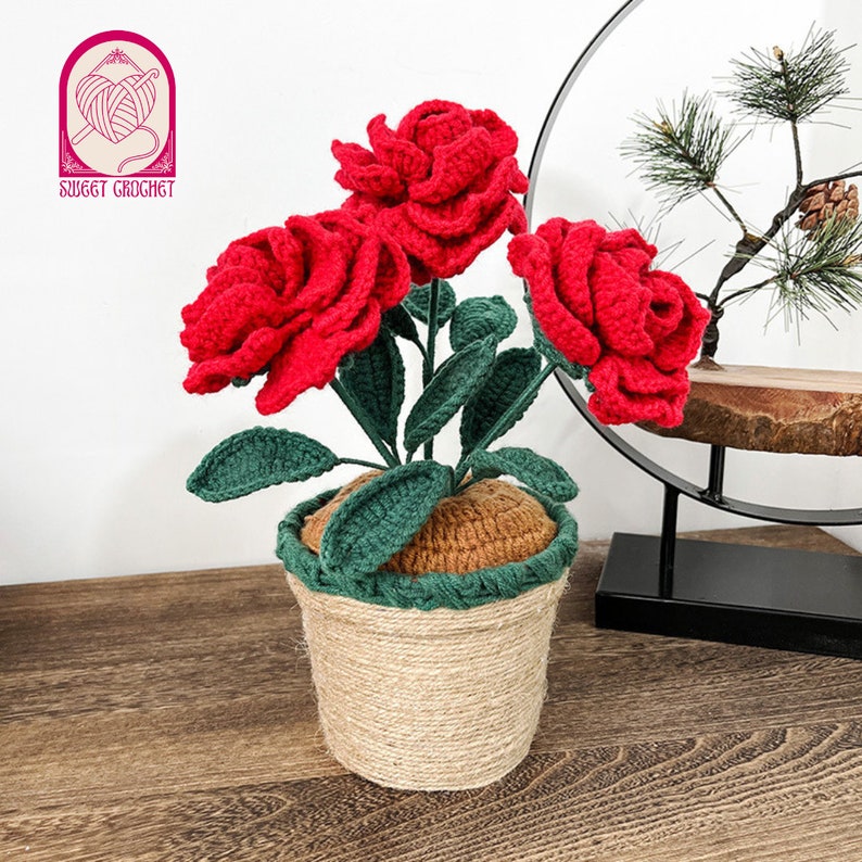 Crochet Rose Flowers in the Pot Perfect Home Decor Rose Gift Crochet Bouquet Great Grandma Gift 80th Birthday Gift image 4