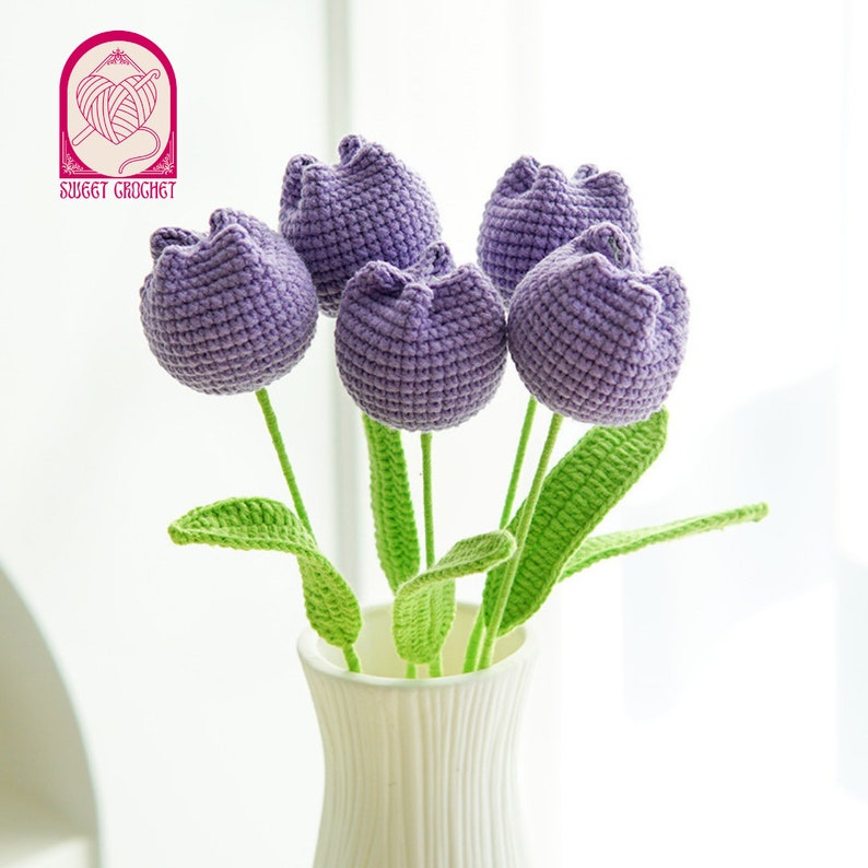 Handmade Crochet Tulip Bouquet Anniversary Gift Mother's Day Floral Room Decor Graduation Gift Purple