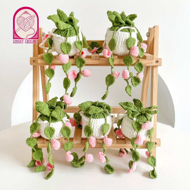 Plante succulente suspendue au crochet fait main Fleur suspendue pour voiture Plante succulente tricotée en pot Décoration murale Accessoires de voiture pour femmes image 6