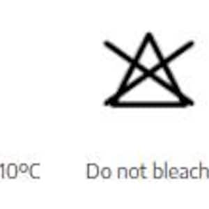 K&ouml;nnte beinhalten: Eine Sammlung von W&auml;schepflegesymbolen: Handw&auml;sche, B&uuml;geln bei niedriger Temperatur (max. 110&deg;C), nicht bleichen, chemische Reinigung und nicht im Trockner trocknen. Die Symbole sind schwarz-wei&szlig;.