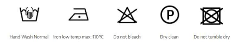 K&ouml;nnte beinhalten: Eine Sammlung von W&auml;schepflegesymbolen: Handw&auml;sche, B&uuml;geln bei niedriger Temperatur (max. 110&deg;C), nicht bleichen, chemische Reinigung und nicht im Trockner trocknen. Die Symbole sind schwarz-wei&szlig;.