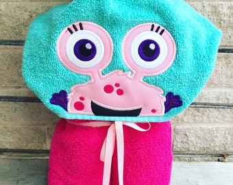 Girl Monster Appliqued Hooded Towel, Kids Large Hooded Towel, Baby Large Hooded Towel