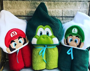 Mario Brothers Inspired Hooded Towel Mario, Luigi, Dino,Large Kids Hooded Towel