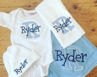 Personalized Baby Boy Gift Set Appliqued Bodysuit and Burp Cloth