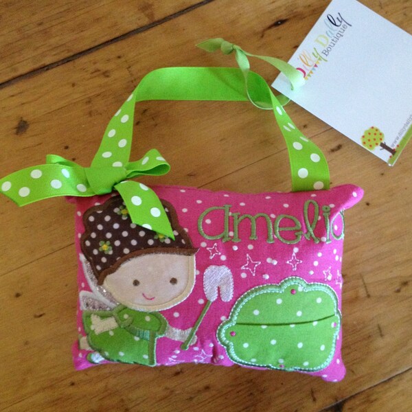 Girl's Tooth Fairy Pillow in Hot Pink and  Green, ToothFairy Pillow