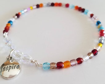 Czech Beaded Sterling Silver Inspire Charm Bangle Bracelet