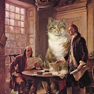 Life, Liberty y el Purrrrsuit of Happiness, un collage de arte original cortado a mano con verdaderos momentos felinos de la historia felina americana