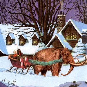 Mammoth Sleigh Ride -Seasonal box set of Mammoth Christmas Cards from Unusual Cards. Funny hand cut collages from the good ol' days.