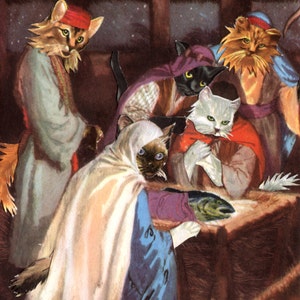 Feline Nativity - Sezonowy zestaw pudełek z fantastycznymi kartkami świątecznymi Cat -tastic od Unusual Cards. Zabawne ręcznie wycinane kolaże sprawiają, że święta są lepsze!