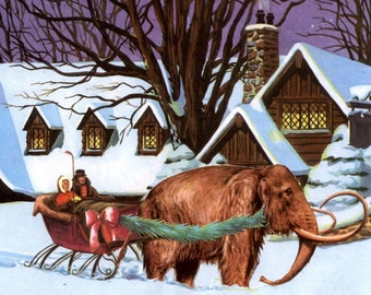 Mammoth Sleigh Ride -Seasonal box set of Mammoth Christmas Cards from Unusual Cards. Funny hand cut collages from the good ol' days.