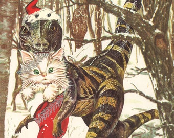 Kitten Delivery - Seasonal box set of Dinosaur Christmas Cards from Unusual Cards. Funny hand cut collages make the holidays better!