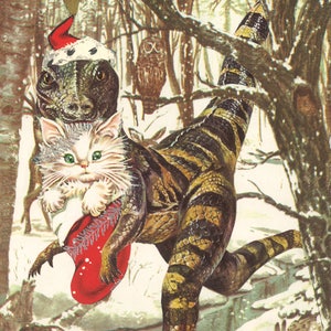 Kitten Delivery: caja de temporada de tarjetas navideñas de dinosaurios de Unusual Cards. ¡Los divertidos collages cortados a mano mejoran las vacaciones!