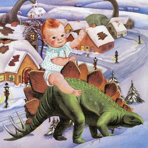 Joy to the World: caja de tarjetas navideñas de temporada de Unusual Cards con un saludable bebé en un estegosaurio