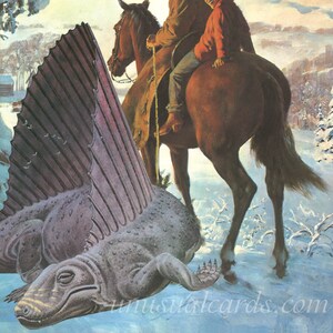 Chasse hivernale - Coffret saisonnier de dinosaures Noël, vacances, cartes de Hanoukka par Unusual Cards. Parfait pour les fans de cow-boy paléo dimétrodon.