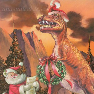 Il piccolo aiutante di Babbo Natale: cofanetto stagionale di cartoline natalizie con dinosauri di Unusual Cards. Faresti meglio a comportarti bene, per l'amor del cielo!