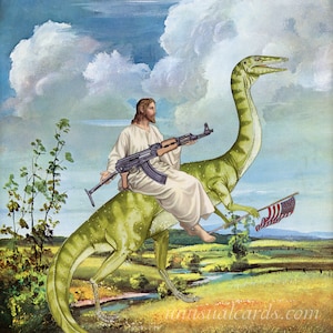 Gott segne Amerika, eine original handgeschnittene Kunstcollage - zeigen Sie Ihren Patriotismus, Dinosaurier, Jesus und Liebe zu historischer Genauigkeit! 'MERICA