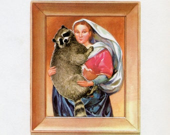 Blessed Mother, a tiny original hand cut art collage featuring Mother Mary and her sweet baby trash panda raccoon bandit