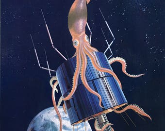 End Transmission- art print available in many sizes! Space squid attacks a satellite, heralding the age of Lovecraft cephalopods.