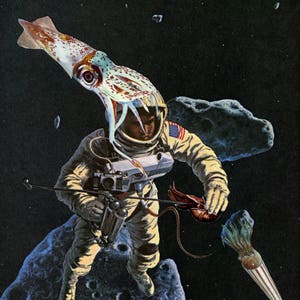 Astro Nautilus- Astronaut meets squids in space. Cephalopod attack or party hat? funny collage art print for framing + great space gift