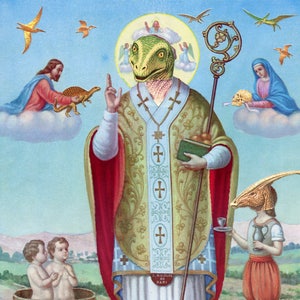 Impressão artística de Santo Saurus disponível em vários tamanhos, pronta para emoldurar e pendurar em seu papa lagarto, reptiliano, illuminati, ufologia, covil de conspiração