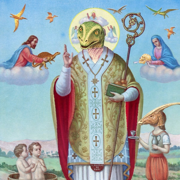 Impression d’art Santo Saurus disponible en plusieurs tailles prête à encadrer + accrocher dans votre pape lézard, reptilien, illuminati, ufologie, tanière du complot