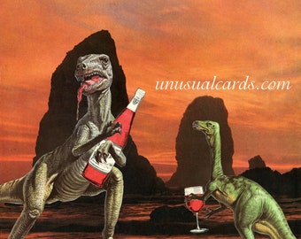 Winosaurs, an original hand cut art collage featuring two dinosaurs dancing and drinking cheap wine together on the beach at sunset