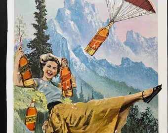 Peut-être qu'elle est née avec, peut-être que c'est du whisky ! Collage original découpé à la main à partir de livres et de magazines vintage. Emmène-moi à Whiskey Mountain !