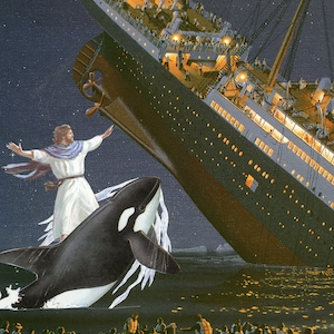 Ik vlieg Jack! Boxset met 10 kerstkaarten, orka's vallen de Titanic aan en brengen deze tot zinken met hulp van een walvissurfende Jezus. Orka's!