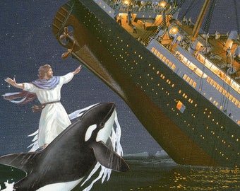 I'm Flying Jack! Box set of 10 Christmas Cards, Orcas attack and sink the Titanic with help from a whale surfing Jesus. Killer whales!