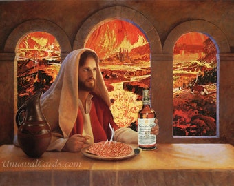 The Breakup, an original hand cut art collage - Jesus' last supper is going be whisky and spaghetti while watching the world burn.