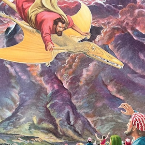 The First Flight, uma colagem de arte original recortada à mão apresentando um pterodáctilo ou petrosauro bíblico e a magia da verdade bíblica, Antigo Testamento