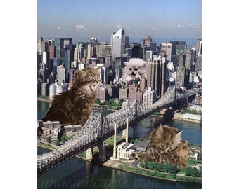 The Queensboro Bridge Catastrophe, an original hand cut art collage - Giant kittens attack New York's Roosevelt Island threatening millions.