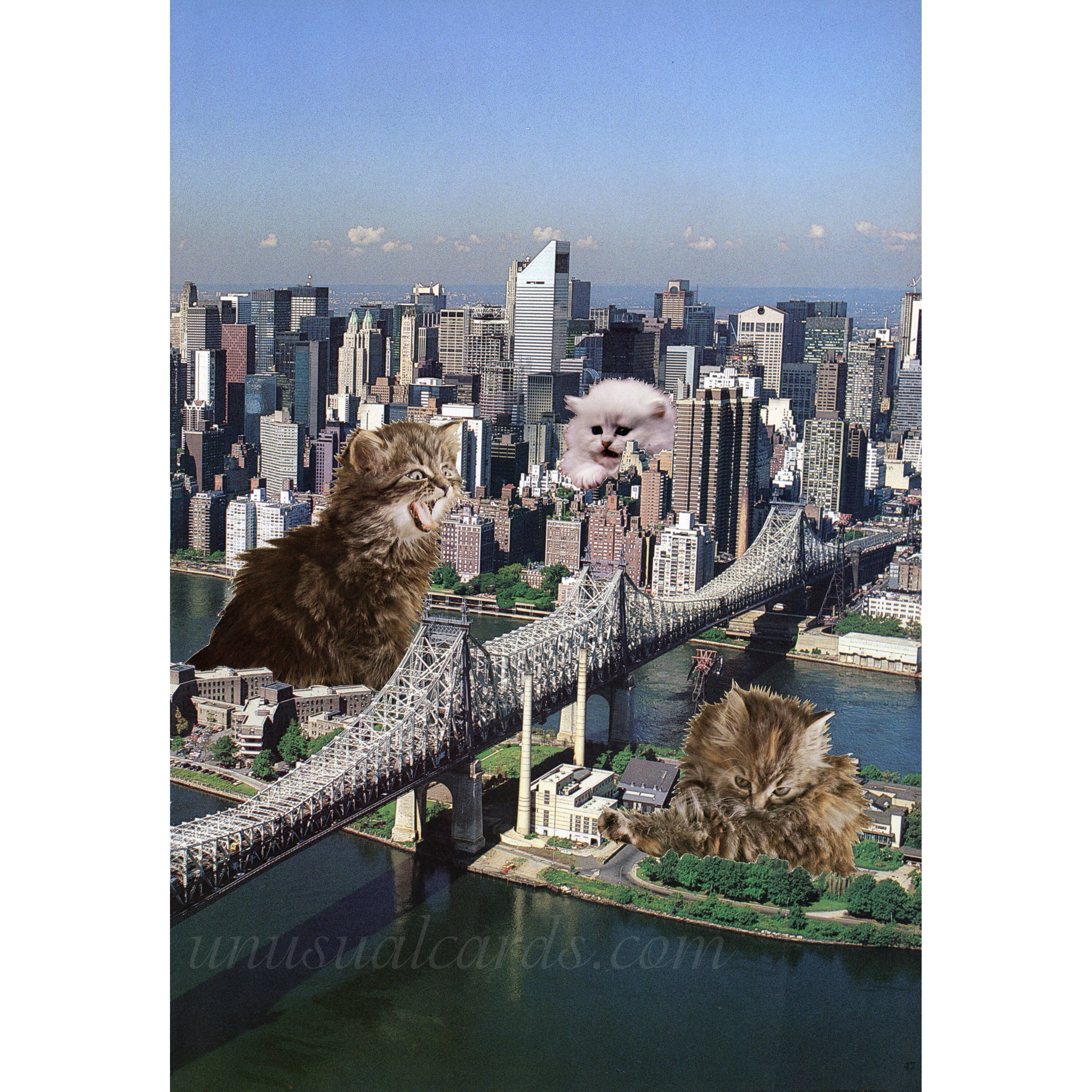 The Queensboro Bridge Catastrophe, an original hand cut art collage - Giant kittens attack New York's Roosevelt Island threatening millions.