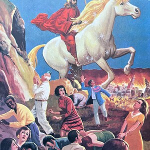 Sparkleocalypse, un collage artistique original découpé à la main représentant un Jésus chevauchant une licorne au-dessus d'une foule terrifiée, comme dans la Bible !