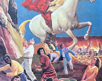 Sparkleocalypse, an original hand cut art collage featuring a Jesus riding a unicorn above a terrified crowd just like in the Bible!