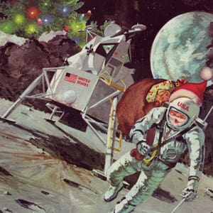 Space Santa - conjunto de caixas de cartões de Natal de pouso na lua da Unusual Cards. O astronauta Santa traz presentes para o espaço sideral.