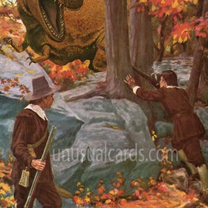 Plight of the Pilgrims -Ready to frame 11" x 14" print- Fall foliage and dinosaur hunting, be prepared for decorative gourd season or else.