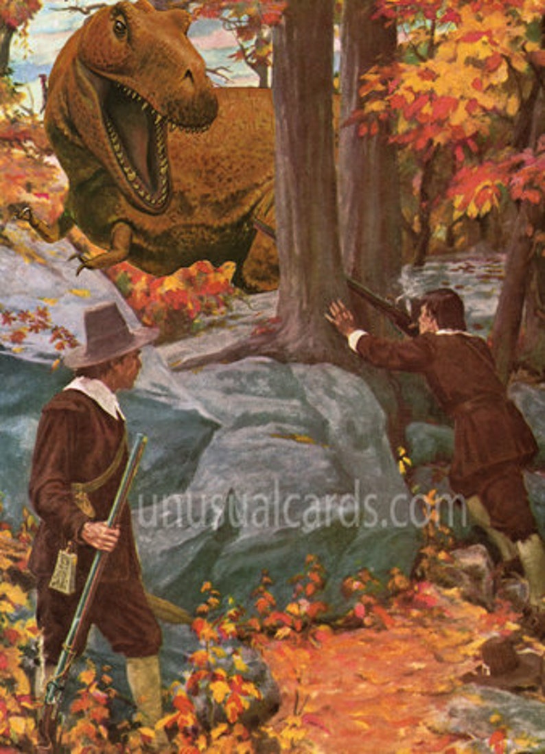 Plight of the Pilgrims Ready to frame 11 x 14 print Fall foliage and dinosaur hunting, be prepared for decorative gourd season or else. image 1