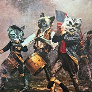 Don't Tread on Meow, un collage de arte original cortado a mano que presenta eventos felinos reales en la historia felina estadounidense y la Guerra Revolucionaria de EE. UU.