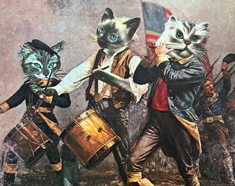 Don’t Tread on Meow, an original hand cut art collage featuring true cat events in American Feline History and the USA’s Revolutionary War
