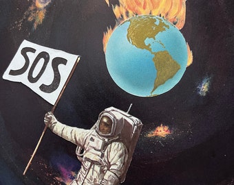 S.O.S. an original hand cut art collage featuring your future memories of the apocalyptic end of the world- Climate change or Global warming