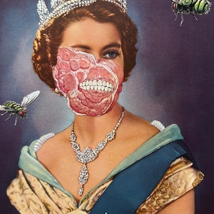 God Save the Queen, un original collage artístico cortado a mano que presenta el jubileo carnoso de la monarquía zombie Beaty, el más allá británico de la reina Isabel