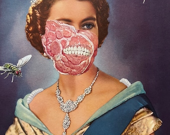 God Save the Queen, an original hand cut art collage featuring the zombie monarchy jubilee meaty Beaty British afterlife of Queen Elizabeth